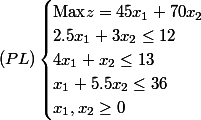 (PL)\begin{cases} \text{Max} z=45x_1+70x_2 \\2.5x_1 +3x_2\leq 12 \\ 4x_1+x_2\leq 13\\ x_1+5.5x_2\leq 36\\x_1,x_2\geq 0\end{cases}